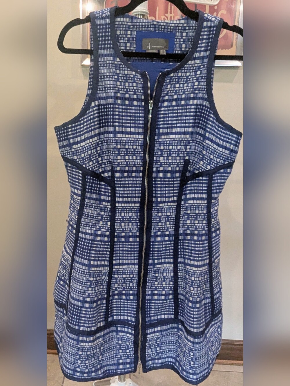 $55 Anthropologie Size 12 Sculpted Zip Front Geometric Mini Dress Blue White EUC